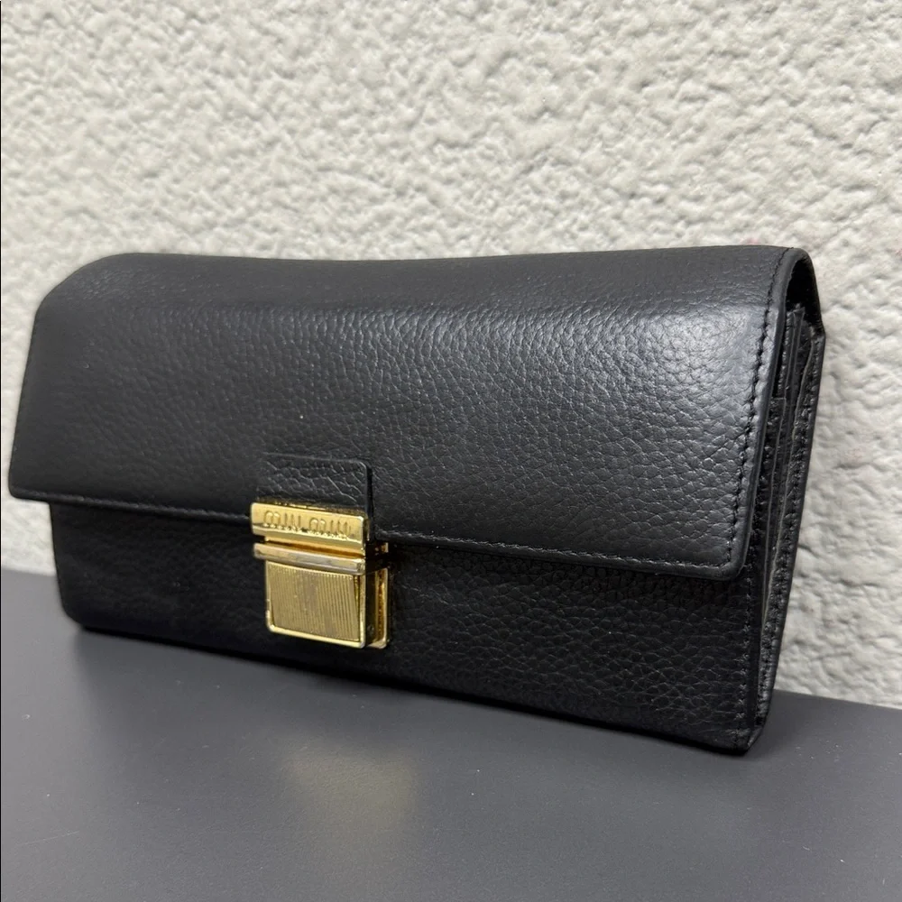 Vintage Miu Miu Black Leather Wallet with Gold Accent